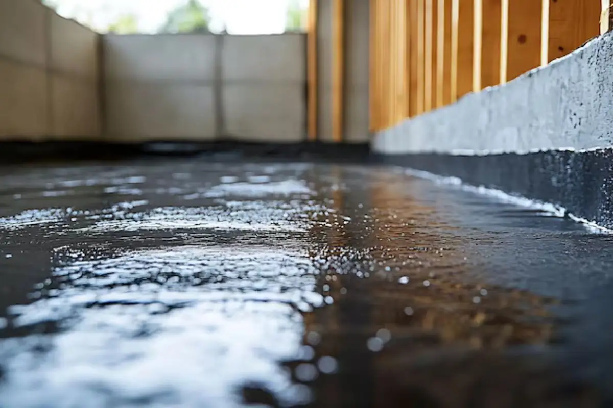 Wet basement floor along a concrete wall with water pooling