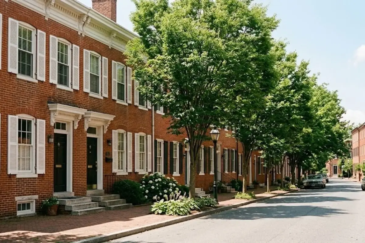 Brick rowhouses with white-trimmed windows along a tree-lined street