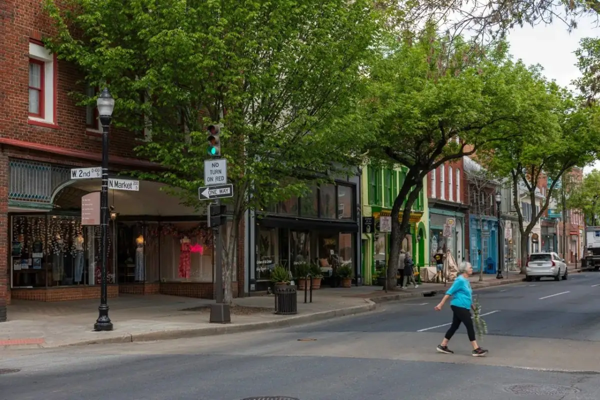 Downtown shopping street lined with trees and storefronts