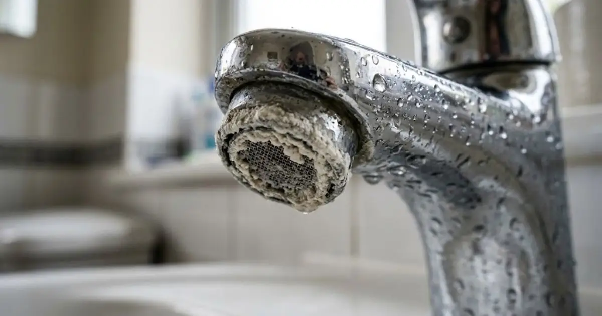 Limescale crusted on a chrome faucet aerator