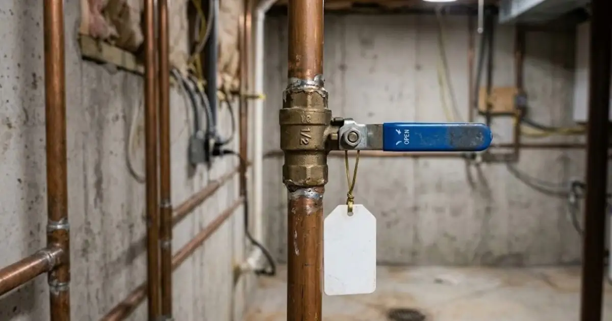 Main water shutoff valve with an identification tag on copper pipe