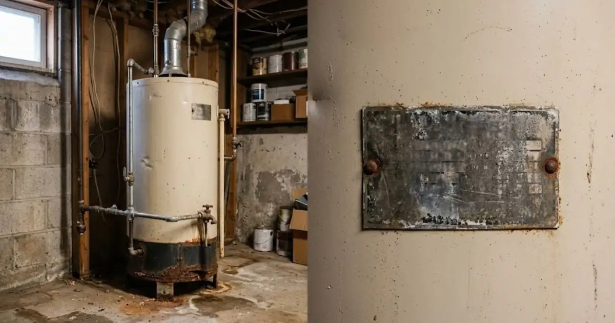 Older water heater in a basement beside a worn data plate
