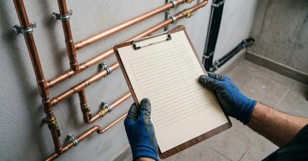 Gloved hands holding a clipboard beside copper pipework