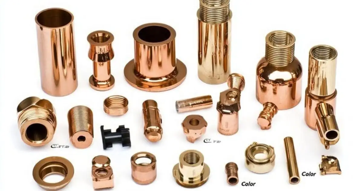 Copper pipe fittings and couplings laid out on a white surface
