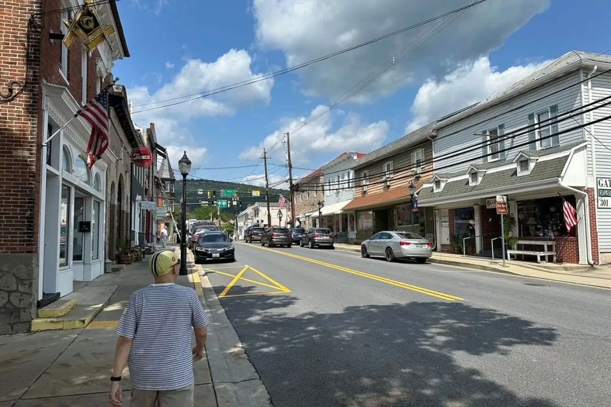 Small-town main street with brick storefronts and an American flag
