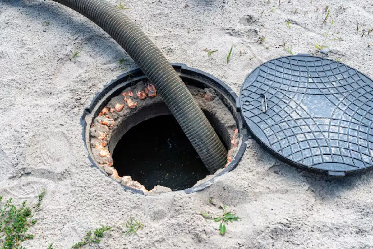 Open sewer access cover in the ground with a service hose beside it