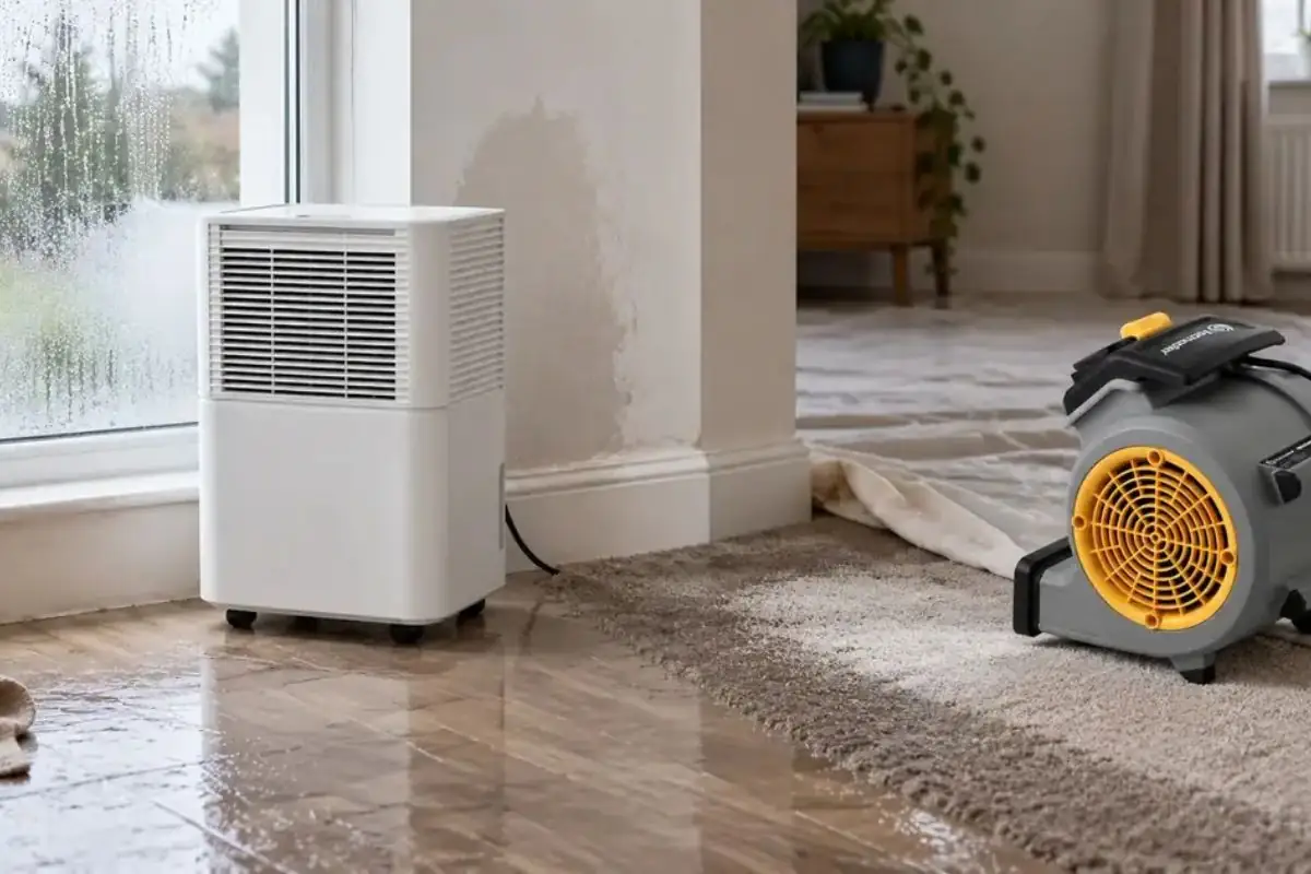 Dehumidifier and air mover drying a wet floor in a living space
