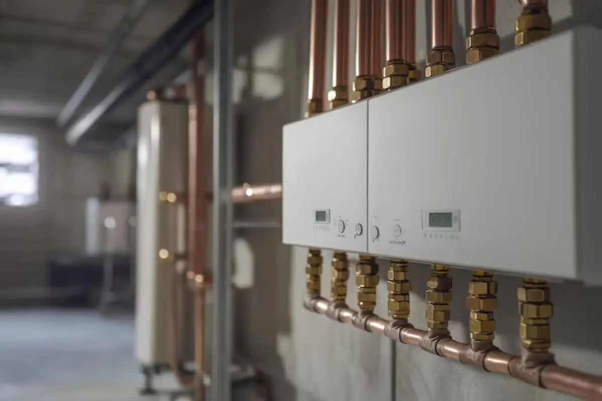 Wall-mounted water heating units with copper piping in a utility room