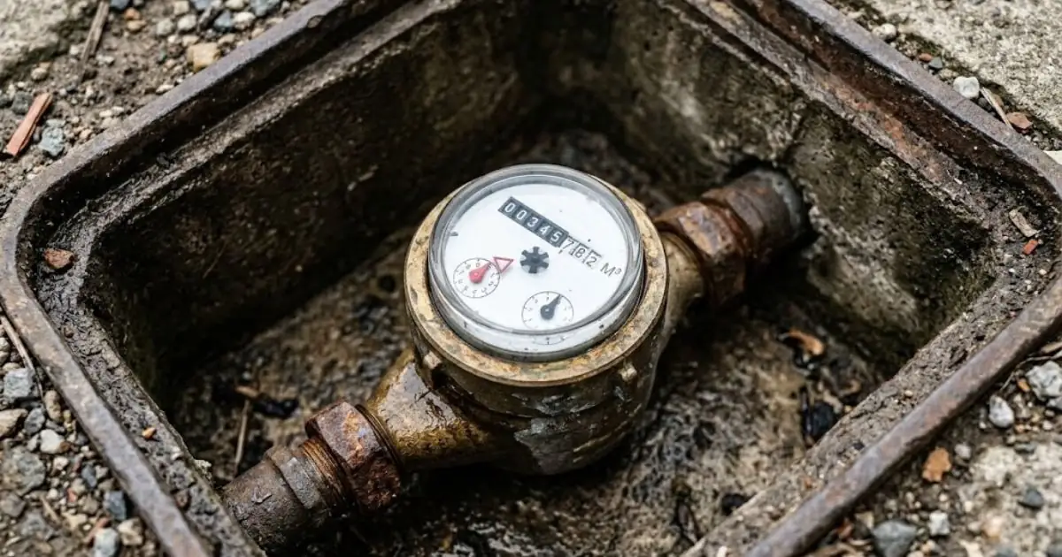 Residential water meter in a meter box with its dial visible