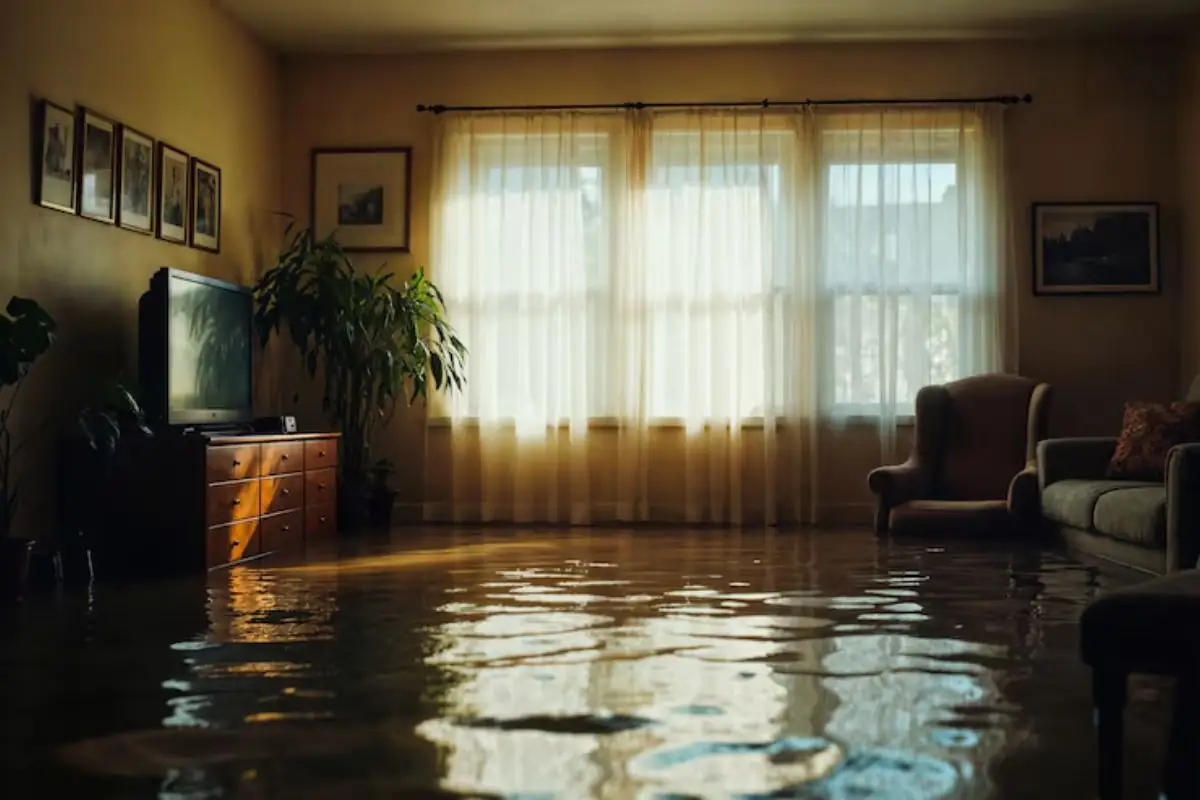 Living room with standing water after a flood, before water mitigation begins