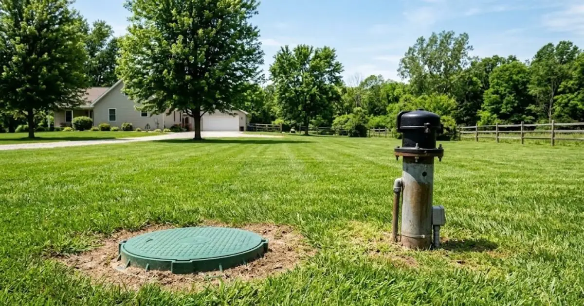 Well cap and green septic lid in a residential lawn